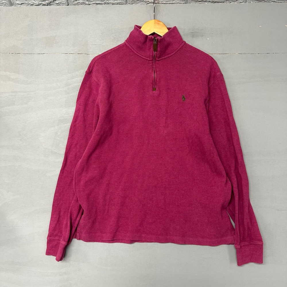 Polo Ralph Lauren Mens Magenta Pink Quarter Zip Ribbed Cotton Pullover Sweater L - Picture 2 of 4